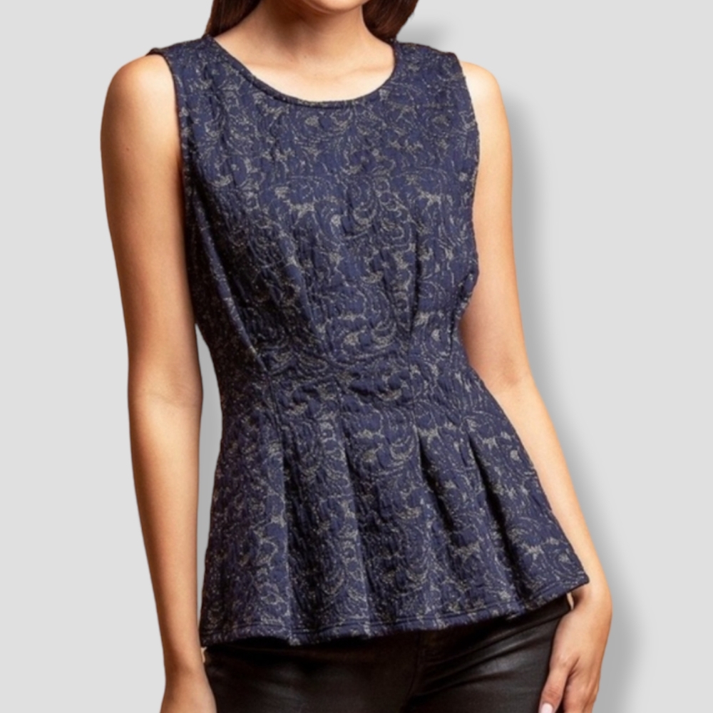 ANTHROPOLOGIE Eva Franco Shine Jaquard Peplum Blouse Navy, Silver